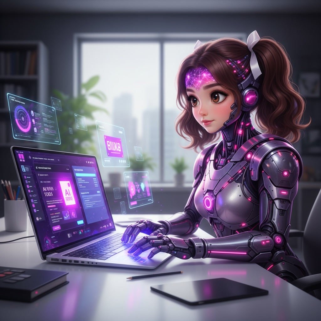 AI writing assistent creating content on a laptop using artificial intelligence technology in a modern workspace.