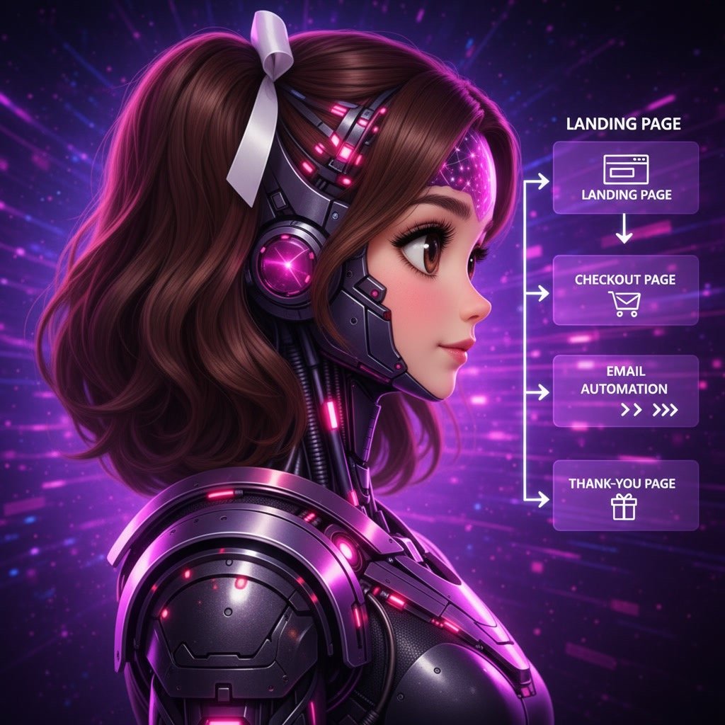 ClickFunnels funnel example showing landing page, checkout page, email automation, and thank-you page workflow