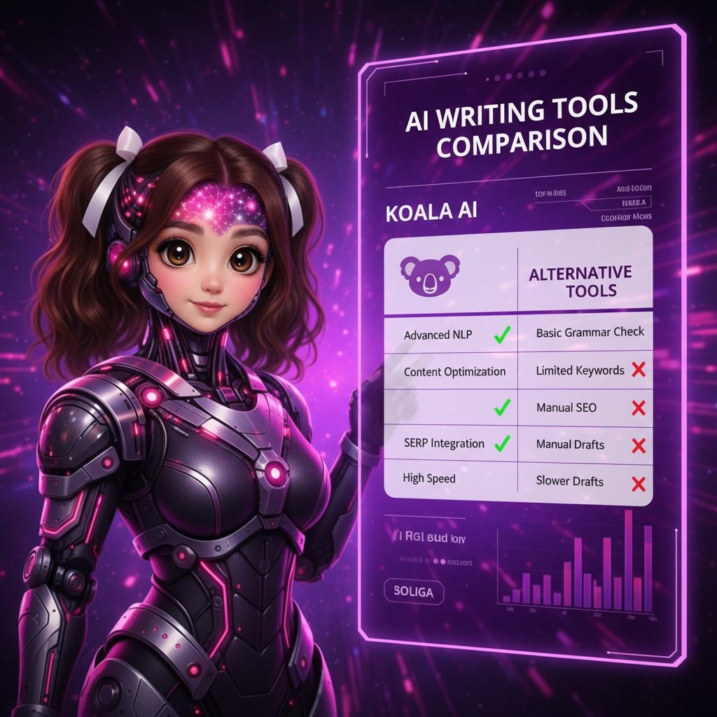 AI writing tools comparison chart showing Koala AI features and alternative tools in a modern infographic style.
