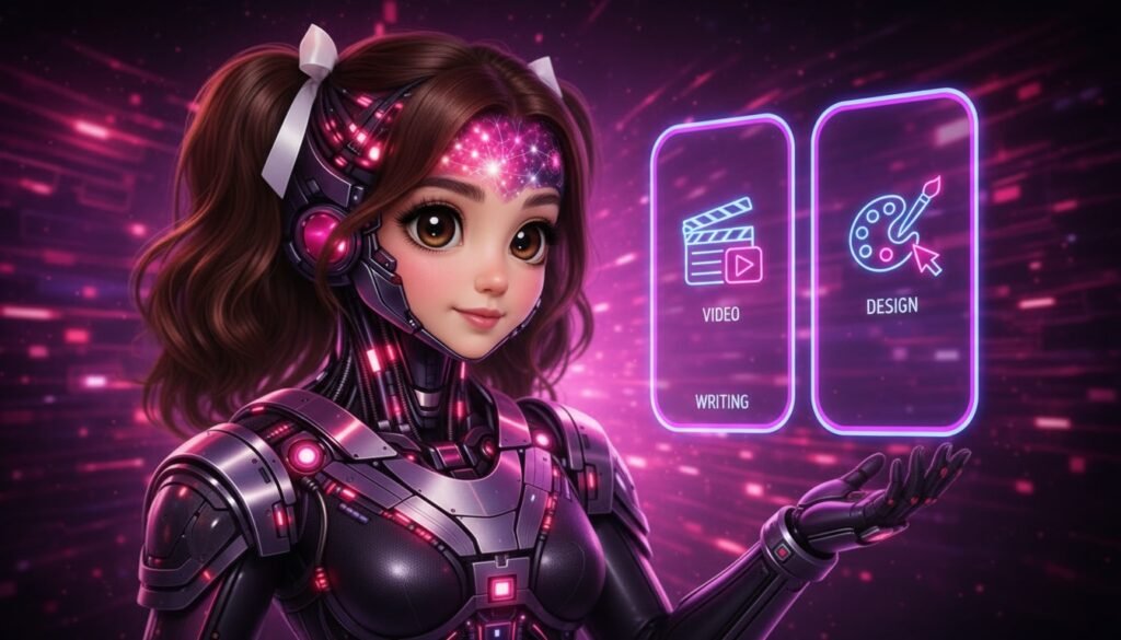 SOF AI character presenting content tools
icons for writing, video and design
structured infographic layout
digital marketing concept
modern technology theme
clean minimal design
high clarity
high detail
no text
no watermark
no collage
consistent brand style
use master reference image