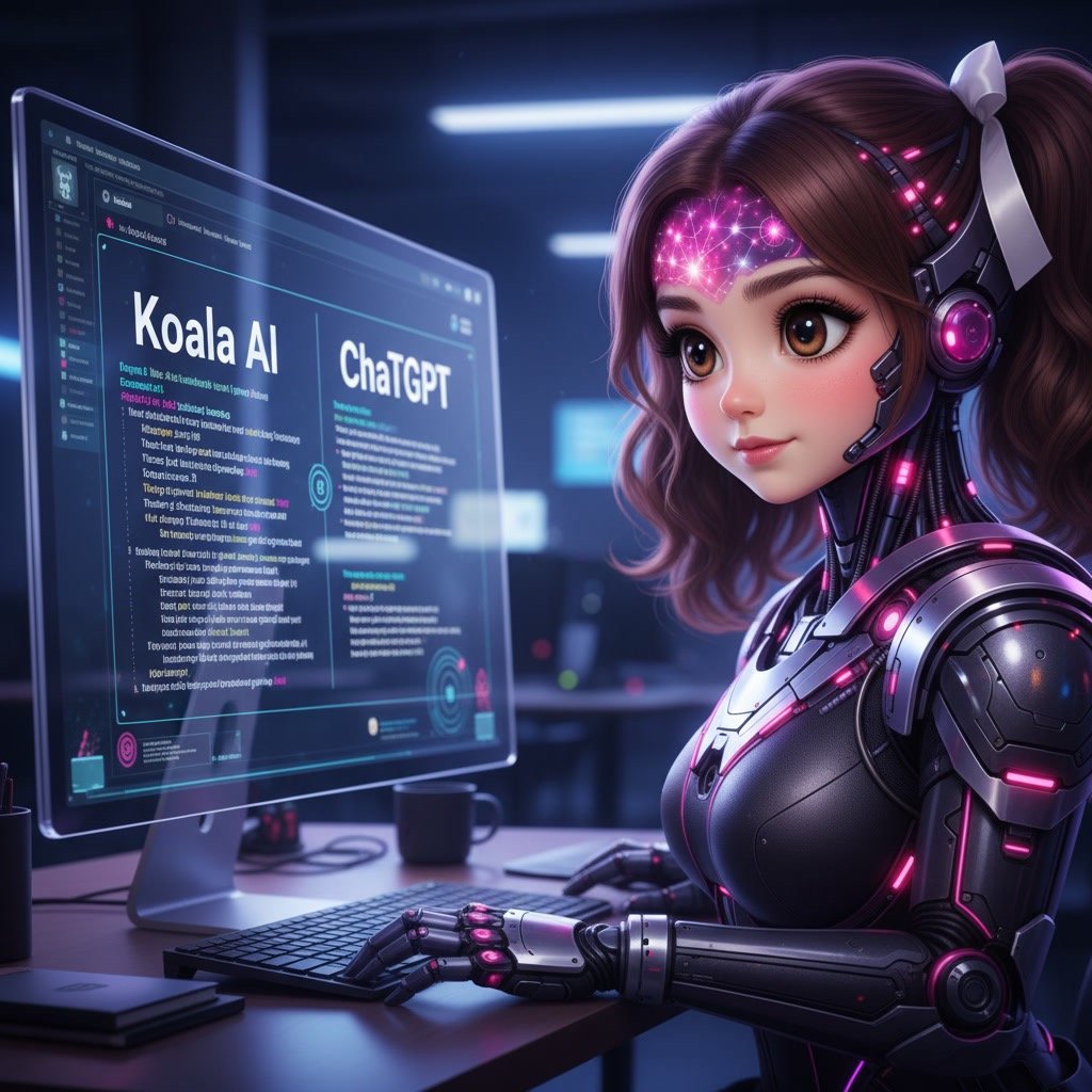 Futuristin AI assistent analyzing data on a computer screen with Koala AI and ChatGPT interface, representing AI-powered content creation and automation