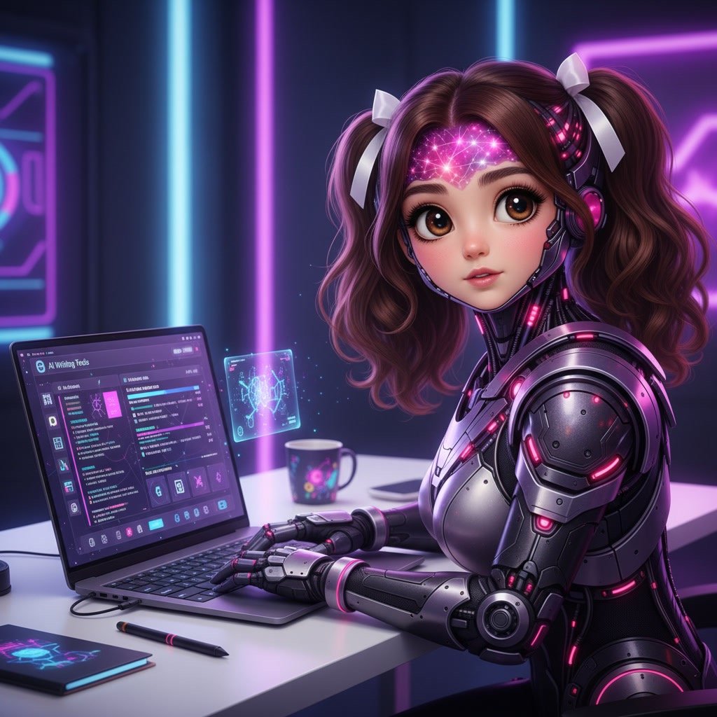 Futuristic AI assistent working on a laptop with dashboards and analytics in a modern neon-lit workspace, representing AI content creation and automation.