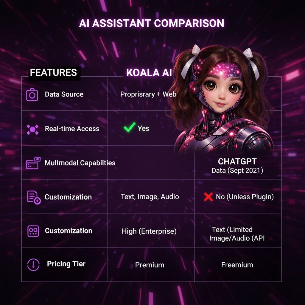 AI assistent comparison chart showing Koala AI vs ChatGPT features, capabilities, and customization options in a modern infographic style.