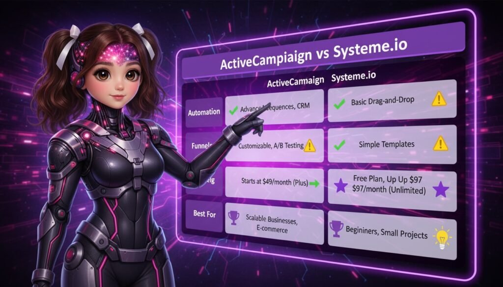 ActiveCampaign vs Systeme.io infographic comparing automation, funnels, pricing, and best use cases