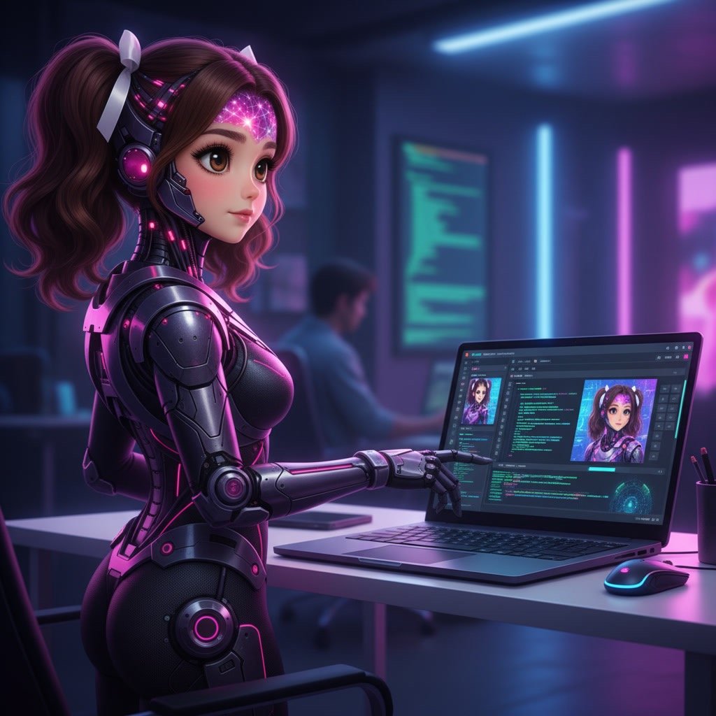 AI assistent generating content on a laptop using Koala AI in a modern workspace.