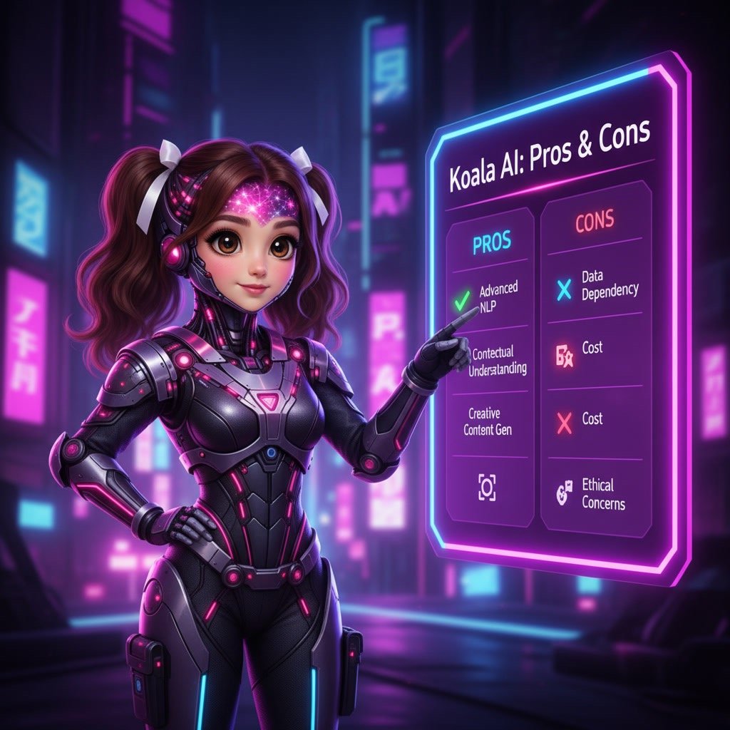 Koala AI pros and cons comparison chart showing advantages like advanced NLP and contextual understanding alongside drawbacks such as cost and data dependency.