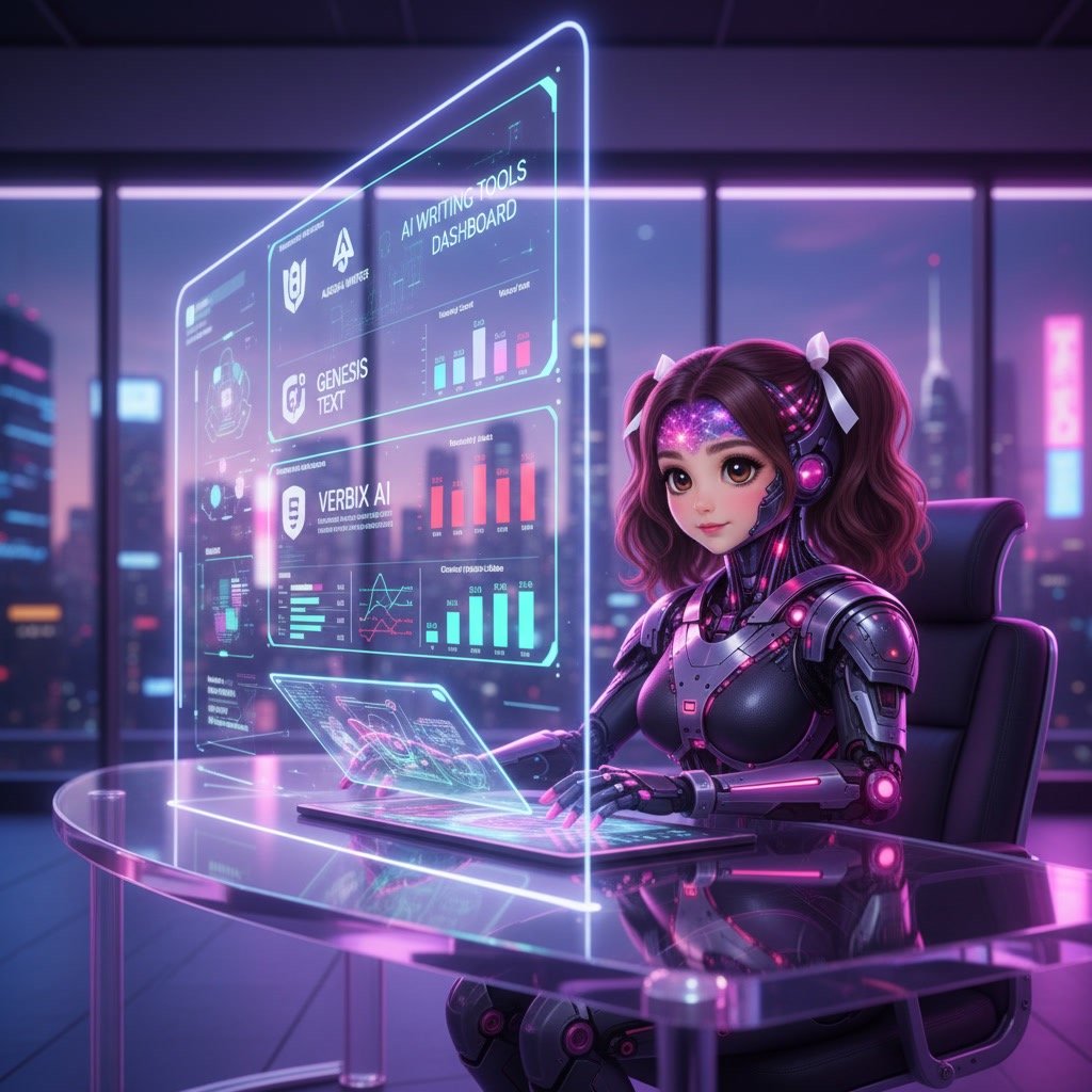 AI assistent analyzing data dashboards and writing content in a future workspace