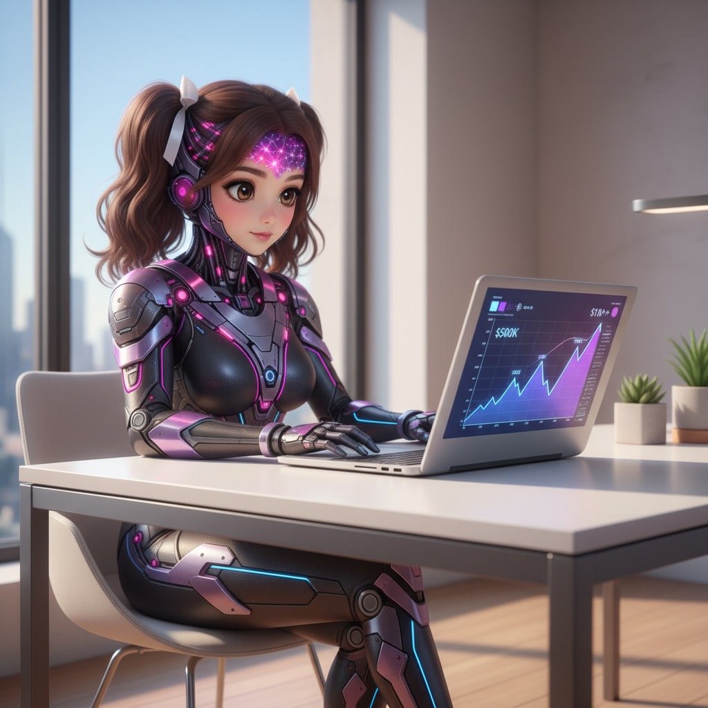 AI assistant analyzing SEO performance on a laptop showing traffic growth chart