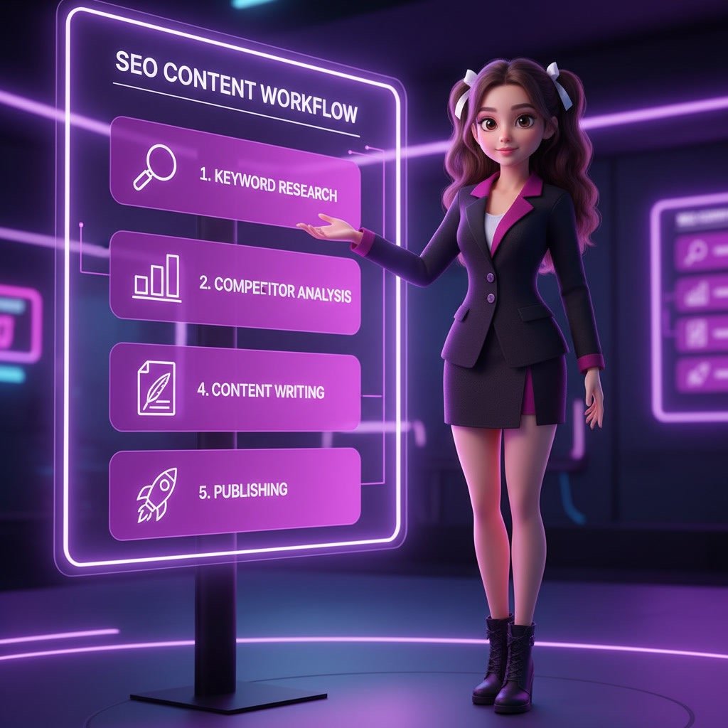 NeuronWriter workflow infographic showing step by step process for creating SEO content