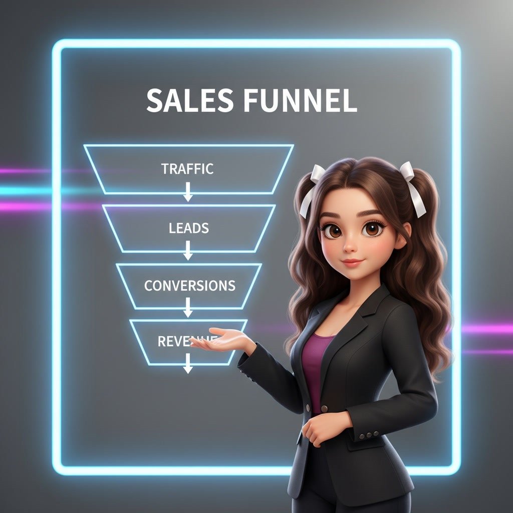 Sales funnel infographic showing traffic leads conversions and revenue stages