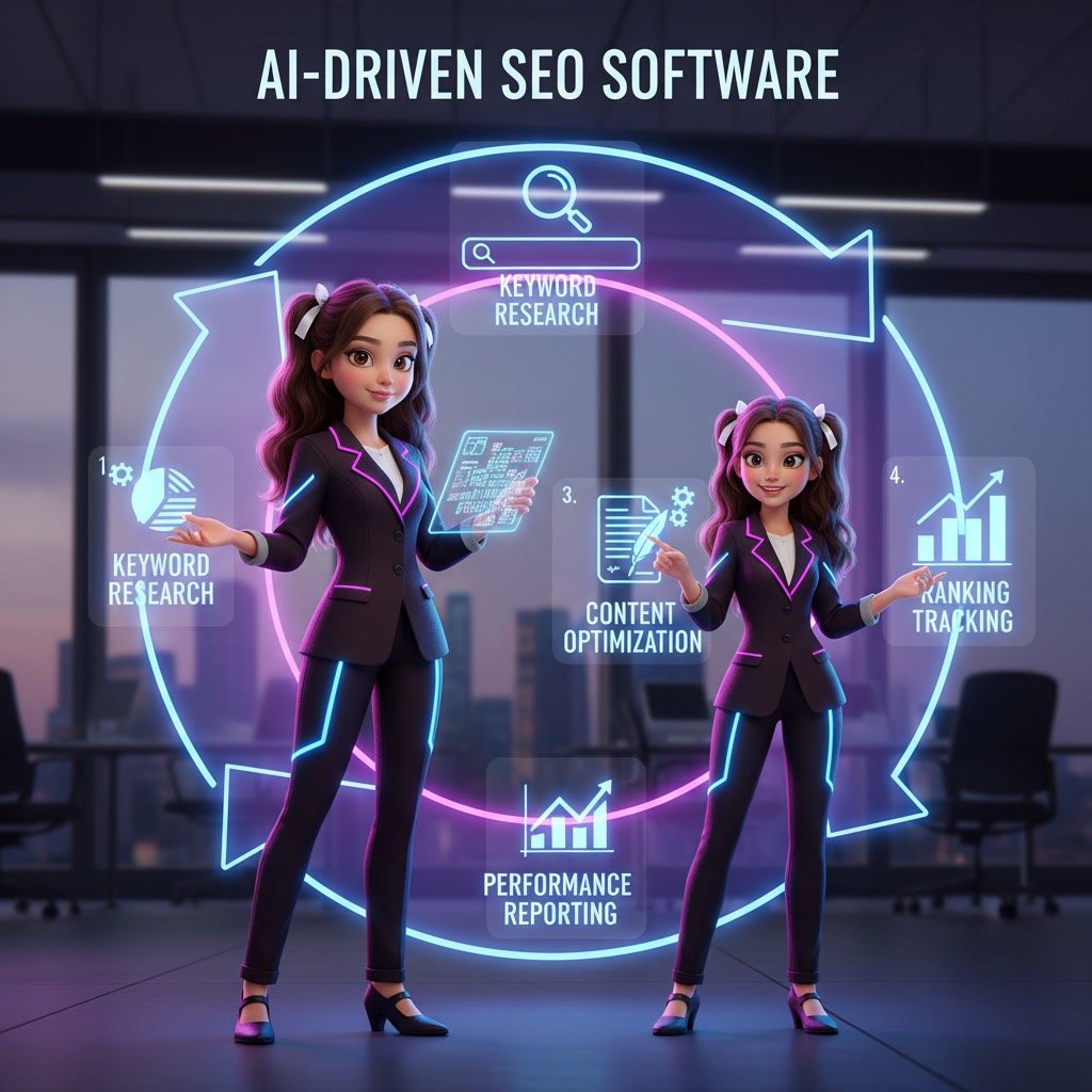 Infographic explaining how AI-driven SEO software works
