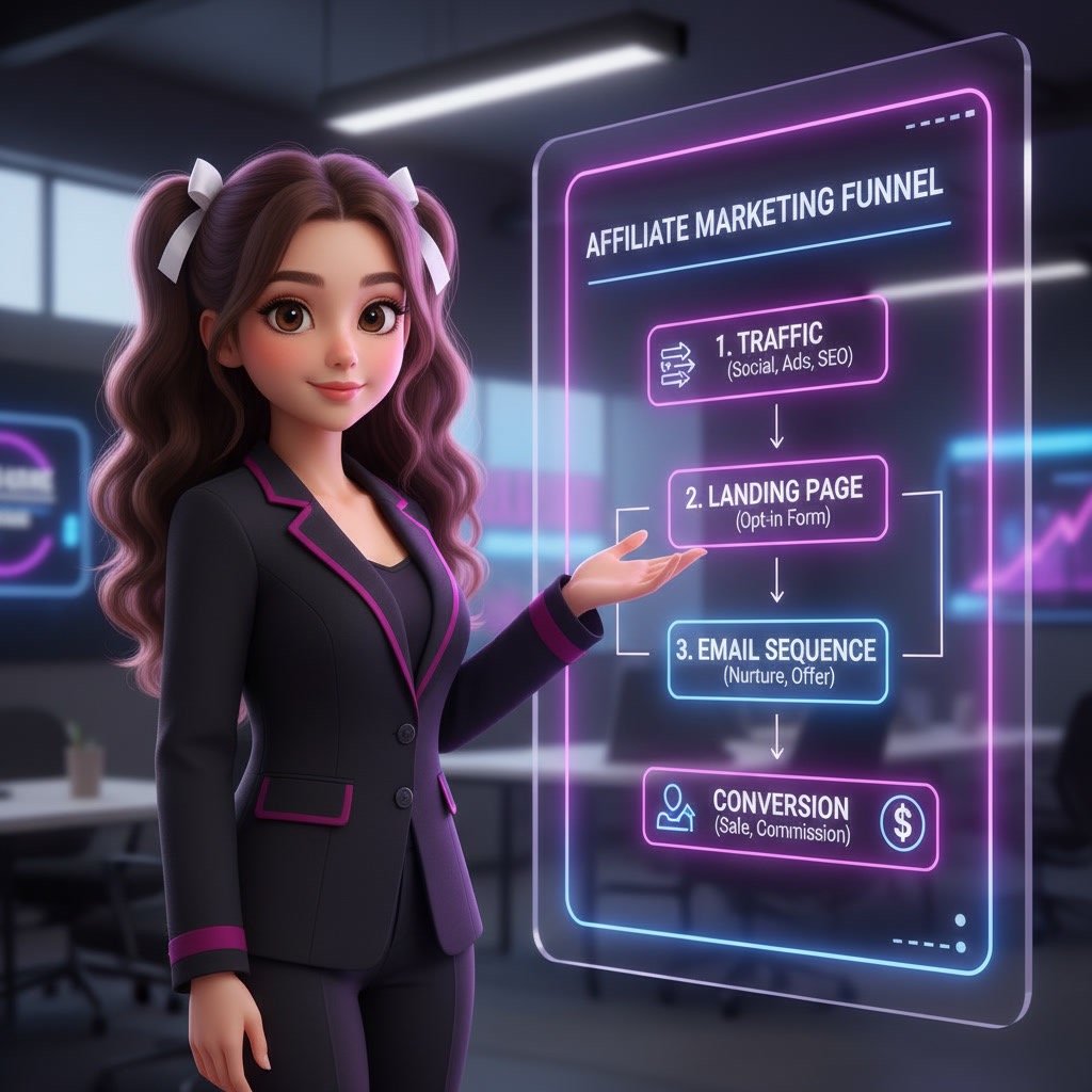 Affiliate marketing funnel steps infographic using ClickFunnels