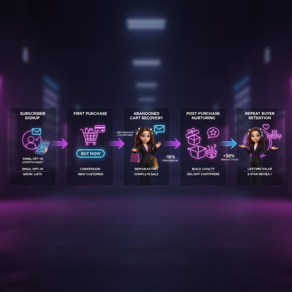Activecampaign-for-ecommerce infographic showing customer journey automation stages for online stores